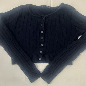 Cable-Knit Button-Front Cropped Sweater Cardigan - navy blue
